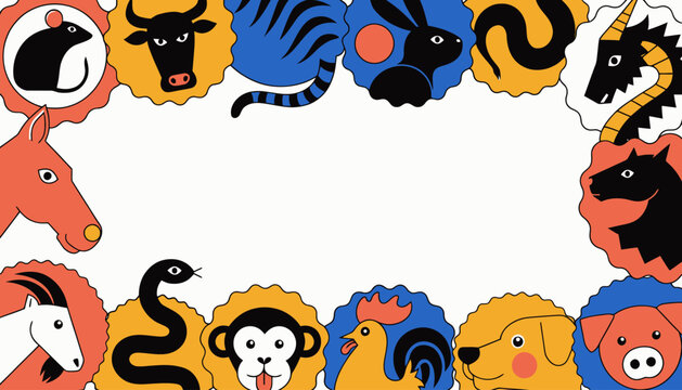 colorful animal faces border, cartoon illustration