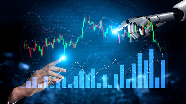 A robotic hand interacts with data visualizations showing stock market trends and financial growth indicators, highlighting the merger of technology and finance. Scalp