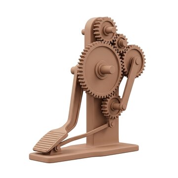 3D render of a mechanical gear machine with a foot pedal for industrial system demonstration.