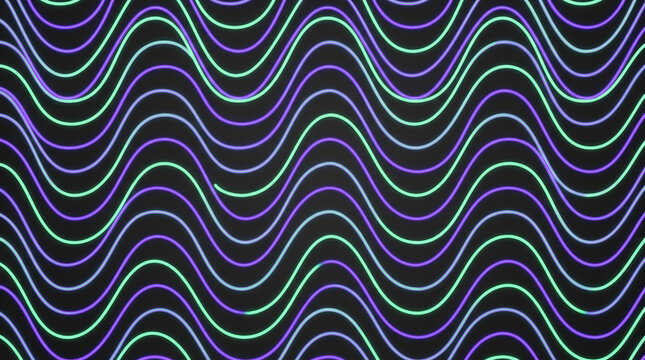 Neon sinusoidal line pattern creating flowing abstract wave background with luminous purple, green, and blue curves on black
