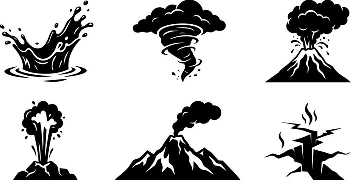 Catastrophe icons tsunami wave tornado volcano eruption earthquake fissure and geyser vector