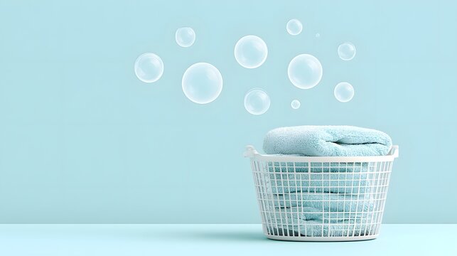 A basket of fresh blue towels with floating bubbles on a pastel background. Perfect for laundry service ads and home cleaning concepts.