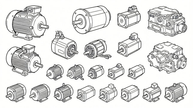 Electric Motor Line Art Doodle Illustration Set Hand Drawn AC Induction Brushless DC Electric Engine High Voltage EV Drive Unit Servo Side Isometric View Black Contour Strictly Textless White