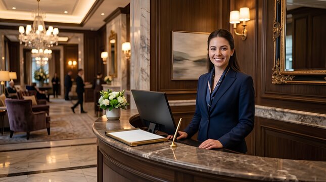 Smiling female hotel receptionist in elegant navy blazer at luxury reception desk with chandelier, marble counter, gold-trimmed mirror, and warm ambient lobby lighting, hospitality business portrait