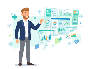 Fototapeta premium Man Presenting Medical Data Analytics And Futuristic Healthcare Technology