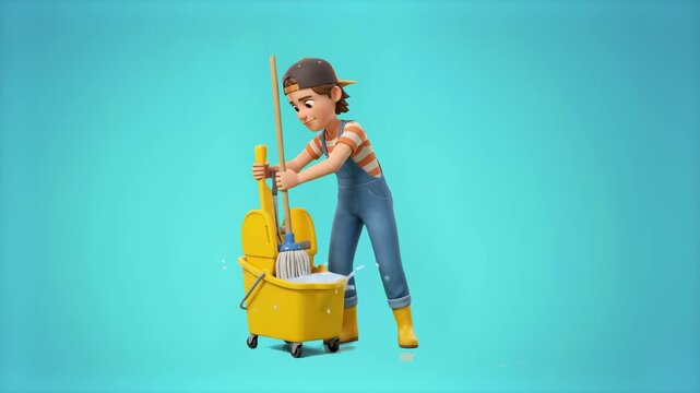 A hard-working 3D cartoon male cleaner wearing a striped shirt and overalls using a squeezer mop with a yellow janitorial bucket, isolated on a solid cyan studio background. Great for commercial clean