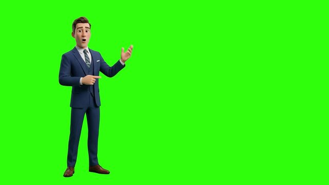 A 3D animated businessman in a formal suit gesturing and pointing to empty space on a chroma key green background. Perfect for corporate promos, news highlights, product showcases, video tutorials, an