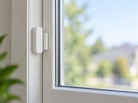 Close up of a magnetic contact sensor mounted on a residential window frame showing a simple smart home security device used to detect opening and support intrusion alerts at entry points