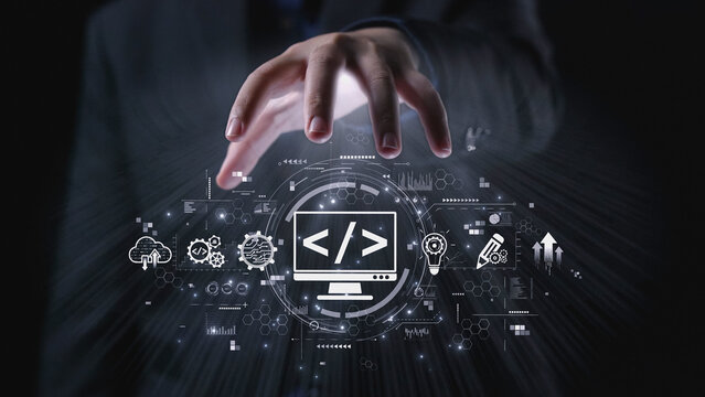 Modern web development concept featuring coding symbols, web development process, web development interface, and web development tools with futuristic design. Elide