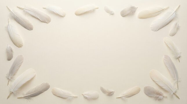 White feather frame on cream background with copy space
