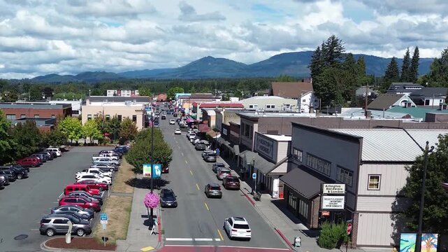 Aerial view of downtown Arlington, Washington, a vibrant small town in the Pacific Northwest.