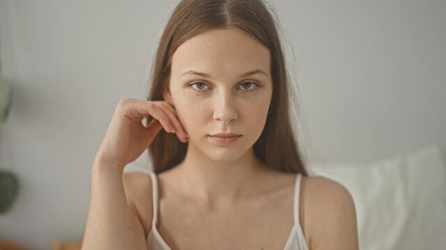 Young woman touches her face with her hand while sitting on a bed in a softly lit bedroom, wearing hoop earring and neutral expression; contemplation.