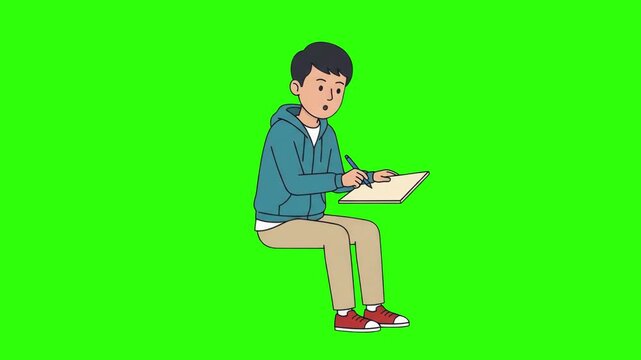 A 2D animated young man sitting down and writing on a notebook with a pen on a chroma key green background. Great for educational videos, study tutorials, e-learning promos, research concepts, and vis