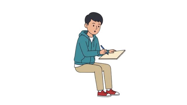 A 2D animated young man sitting down and attentively taking notes on a notepad with a pen on an isolated white background. Suitable for education promos, online learning tutorials, student study guide