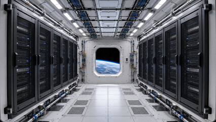 Obraz premium Space station server room with liquid cooling