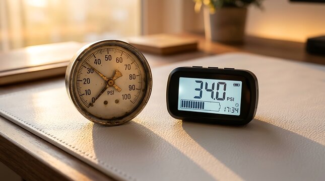Vintage Pressure Gauge and Digital Gauge on White Surface