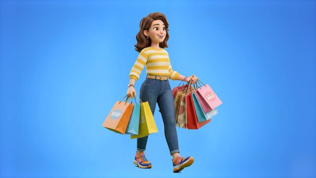 A 3D animated young woman in a striped sweater walking joyfully holding multiple colorful shopping paper bags against a soft blue background. Great for retail sales promos, Black Friday discounts, mal