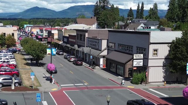 Aerial view of downtown Arlington, Washington, a vibrant small town in the Pacific Northwest.