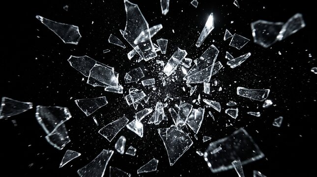 Shattered Glass Fragments Exploding on Black Background