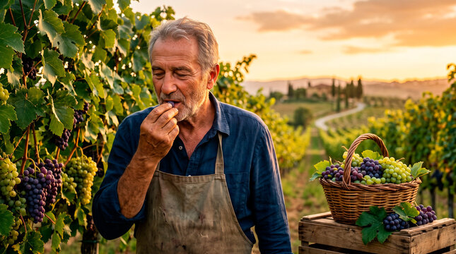 Senior man winemaker tasting grape in vineyard at sunset. Elderly farmer with basket of ripe purple and green grapes near trellis. Grape harvest season, winemaking tradition and agriculture concept.