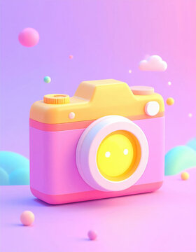 Pastel toy camera on pink surface with bright yellow lens, colorful floating ball, and soft cloud in playful dreamy scene