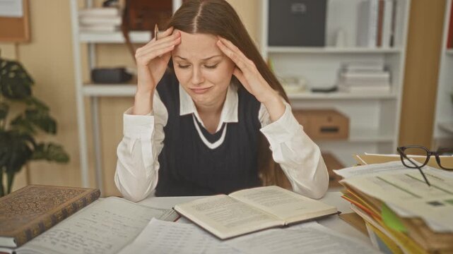 Young woman student in uniform holding temples over open book at study room desk with glasses and scattered notes; stress headache.