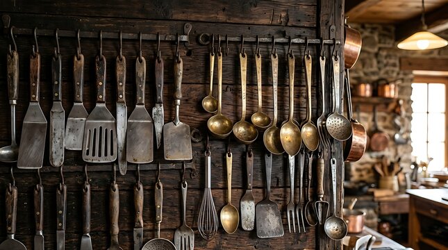 Rustic Kitchen Tools Hanging on Dark Wooden Wall