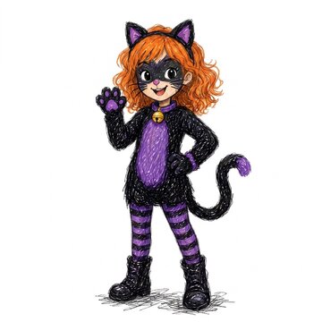 Adorable little girl with curly orange hair wearing a purple and black cat costume with a mask and tail waving hello. Hand-drawn sketchy illustration of a child in a kitten outfit for Halloween.