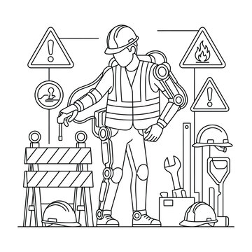 Construction Worker in Exoskeleton Suit with Safety Equipment Line Art Illustration