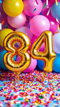Birthday balloon number eighty four, golden letter figure 84 celebration background AI Generative