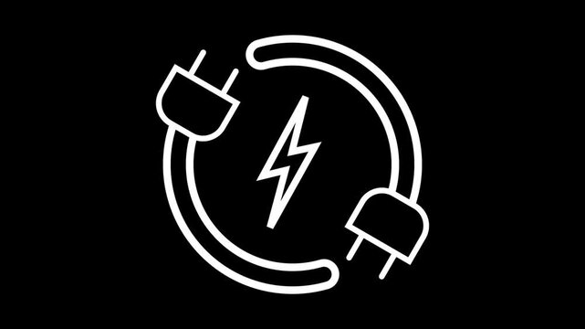 Glowing white electric plug and lightning bolt icon on black background. Concept of green energy, power, charging, and electricity.