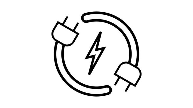 Black electric plug and lightning bolt icon on white background. Concept of green energy, power, charging, and electricity.