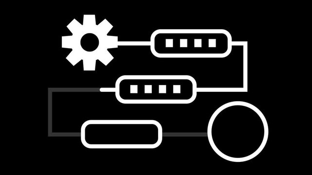 White animated gear and flowchart showing steps completing with a checkmark on black background. Concept of business process and success.