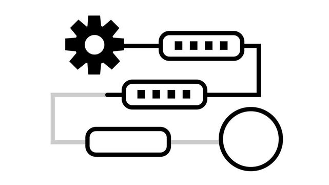 Black animated gear and flowchart showing steps completing with a checkmark on white background. Concept of business process and success.