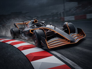 Obraz premium futuristic formula one racing car with orange neon lines drifting on a wet track with smoke
