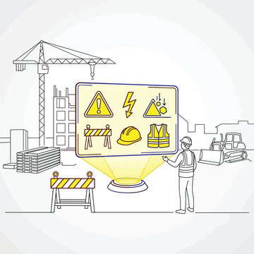 Construction safety management concept with holographic icons and site worker