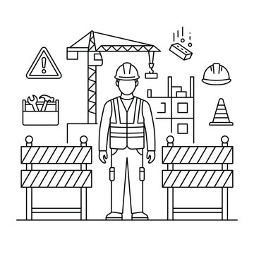 Construction Site Line Art Illustration with Worker, Crane, and Safety Icons