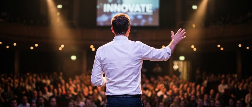 Back view of a confident male speaker giving a keynote presentation on a brightly lit stage. An entrepreneur in a white shirt gestures dynamically to a large, blurred audience in a dark auditorium. Co