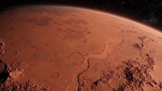 Mars planet surface view from space with polar ice cap and craters in deep dark galaxy