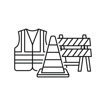 Road Construction Safety Equipment Line Icon Set