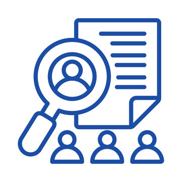 Blue outline icon representing candidate search or professional recruitment process management transparent background