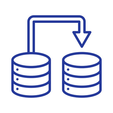 Blue outline icon representing data migration or file transfer process between two database storage servers transparent background