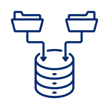 Data synchronization icon showing multiple folders connecting to a central database server transparent background