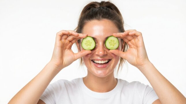 Happy young woman holding fresh cucumber slices over her eyes for a natural skin care facial mask