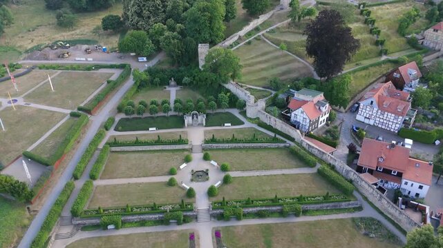 Aerial view of the baroque garden parterre and Blankenburg castle