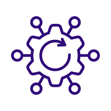 Purple gear icon with circular arrow and connected nodes isolated on white background transparent background