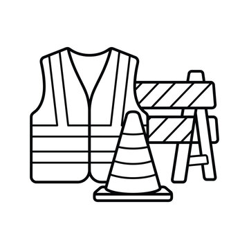 Construction Safety Equipment Icon - Line Art Vector of Safety Vest, Traffic Cone, and Road Barrier