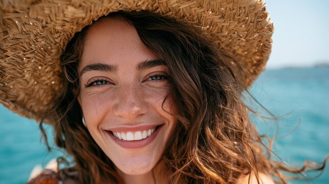 closeup shot of a good looking female tourist. Enjoy free time outdoors near the sea on the beach. Looking at the camera while relaxing on a clear day Poses for travel selfies smiling happy tropical