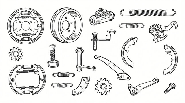 Car Drum Brake Mechanism Line Art Doodle Graphic Collection Hand Drawn Wheel Cylinder Return Spring Self Adjuster Star Wheel Hold Down Pin Black Ink Strictly Textless White Background Asset