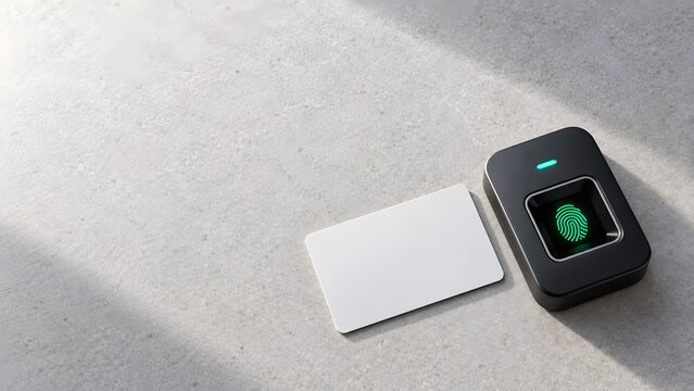 Fingerprint scanner and blank card on textured surface